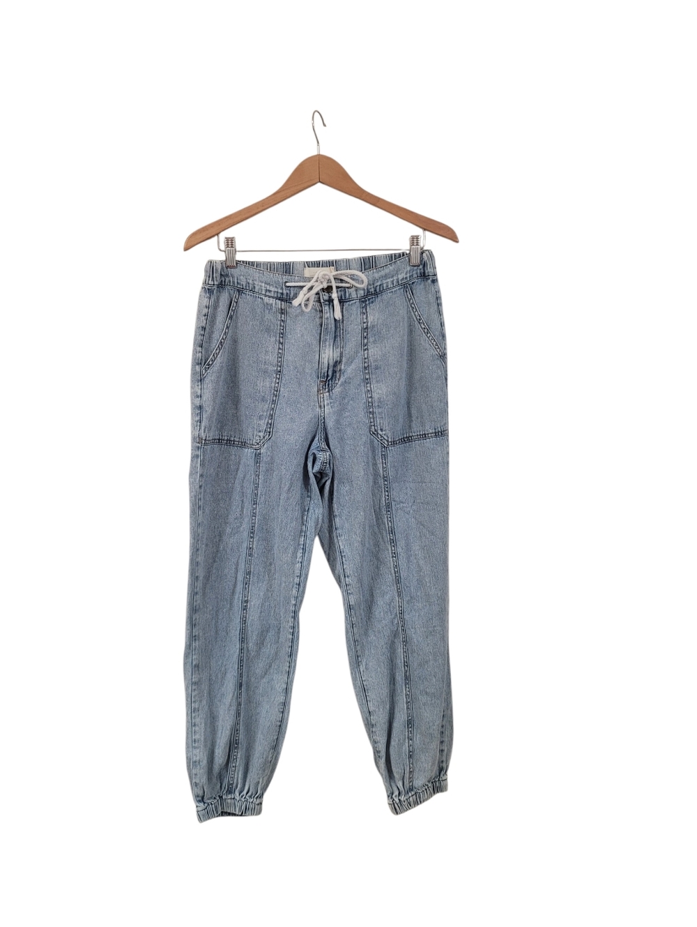 Tgla Light Wash Drawstring Denim Joggers Medium High Rise Drawstring Front Seam
